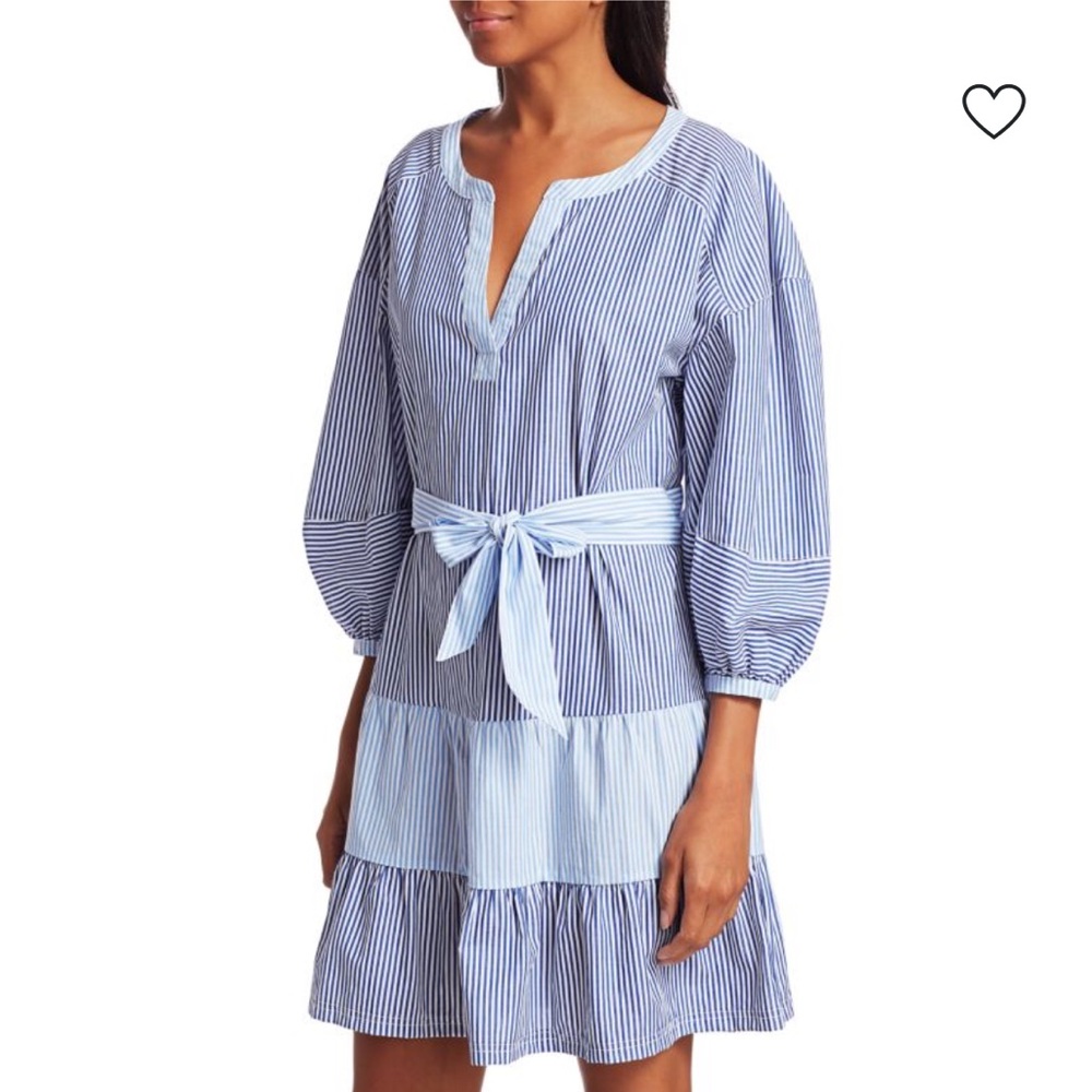 PARKER 100% Cotton Dress Tiered Sundress Tie Waist Coastal Stripe LARGE relaxed